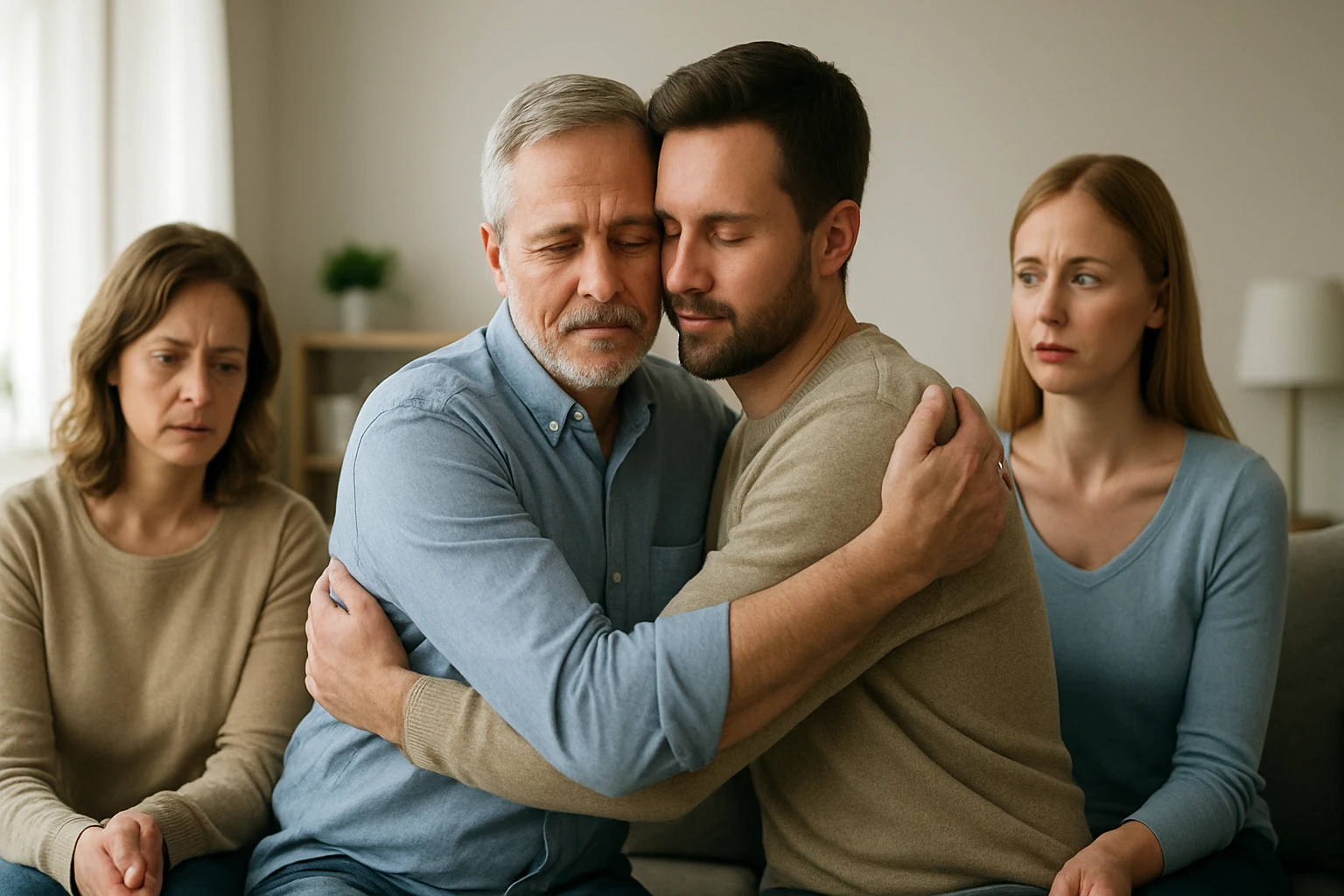 Egy férfi és az apja ölelik egymást, míg két nő figyeli őket.