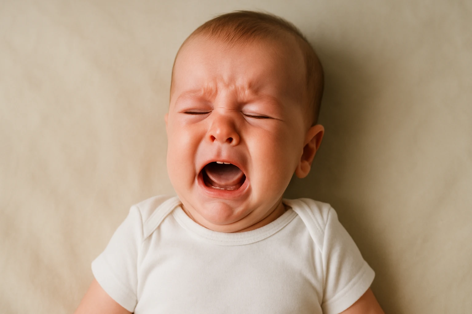 Egy síró csecsemő fehér pólóban, szomorú arckifejezéssel.