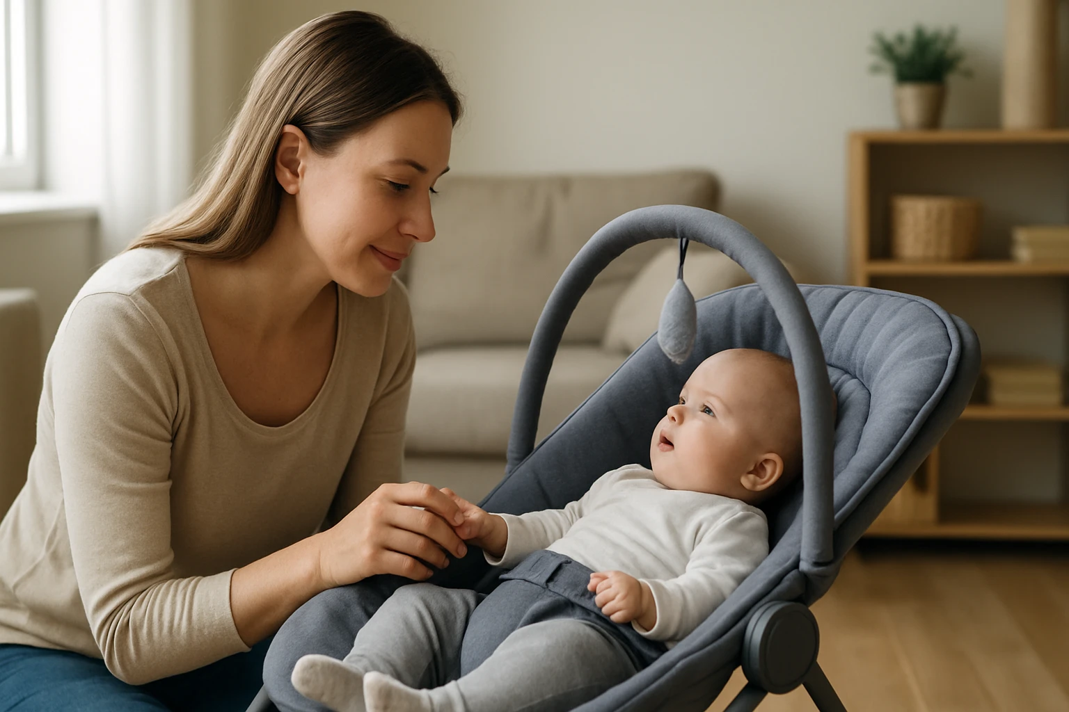 Egy anya és csecsemője interakciója egy babahinta mellett.
