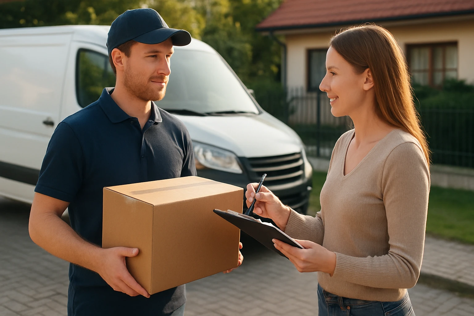 Egy fiatal férfi dobozt ad át egy nőnek, aki aláír egy papírt.