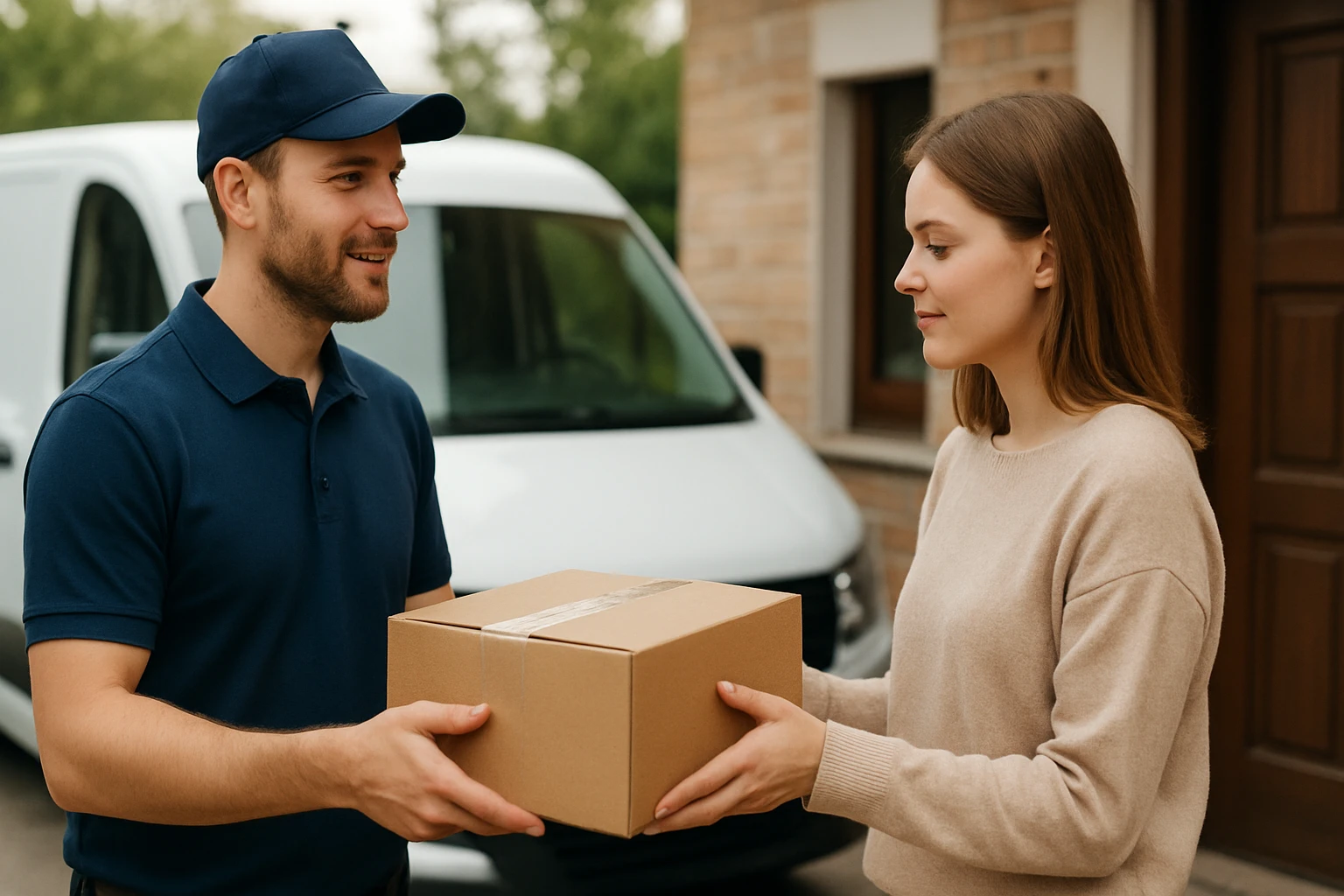 Egy férfi dobozt ad át egy nőnek a ház előtt, háttérben egy furgon.