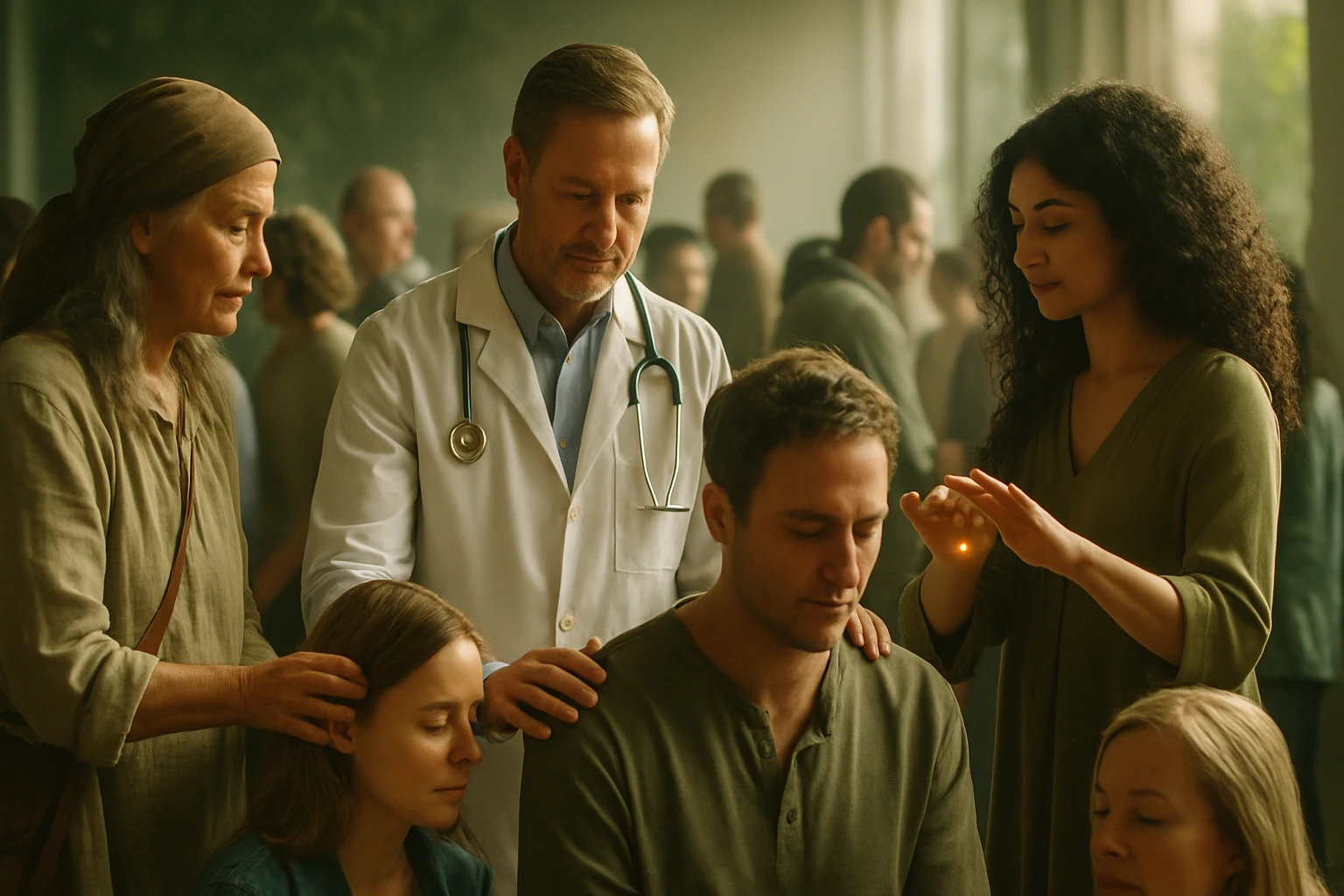 Orvosi kezelés és támogatás egy csoportos szertartás során, emberek körében.