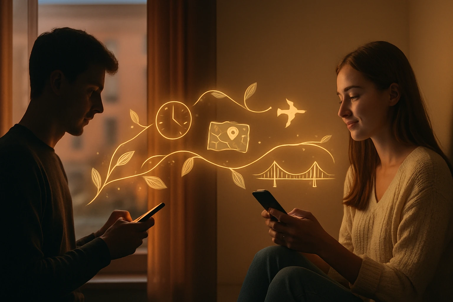 Két fiatal, akik telefonjaikat nézik, kreatív grafikával a háttérben.