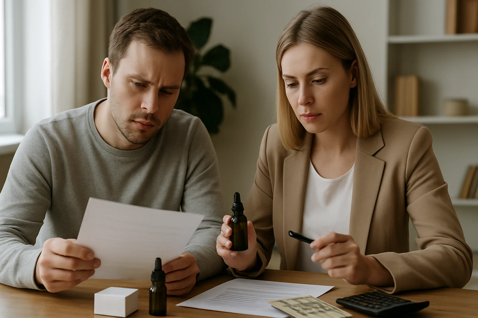 Két ember, egy férfi és egy nő, dokumentumokat néznek át egy asztalnál.