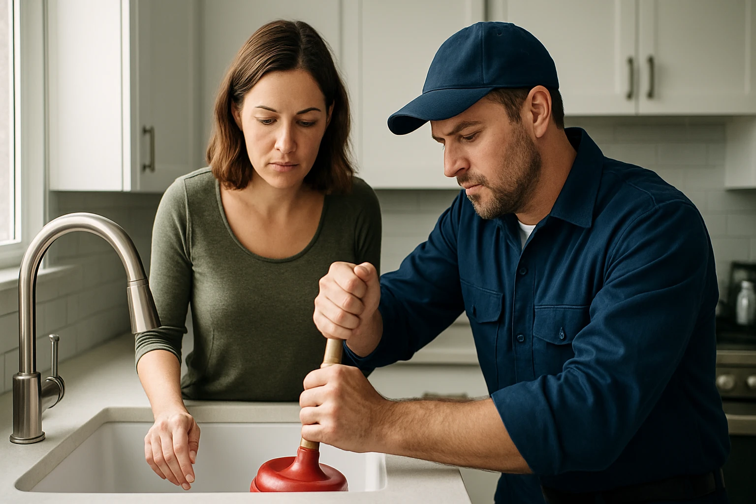 Egy férfi duguláselhárítót használ a konyhai mosogatóban, nő figyeli.