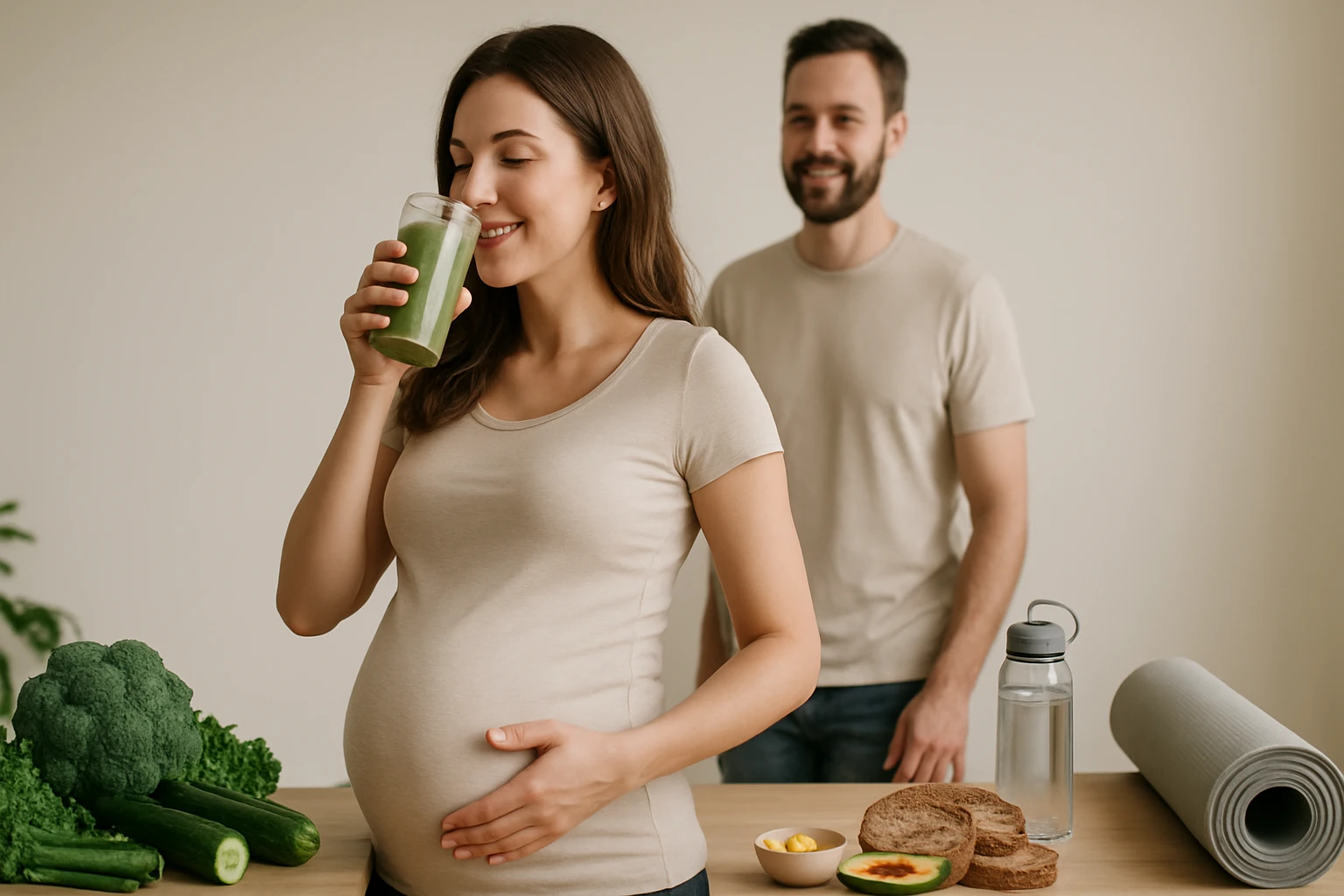 Terhes nő zöld turmixot iszik, mögötte férfi áll, egészséges ételek az asztalon.