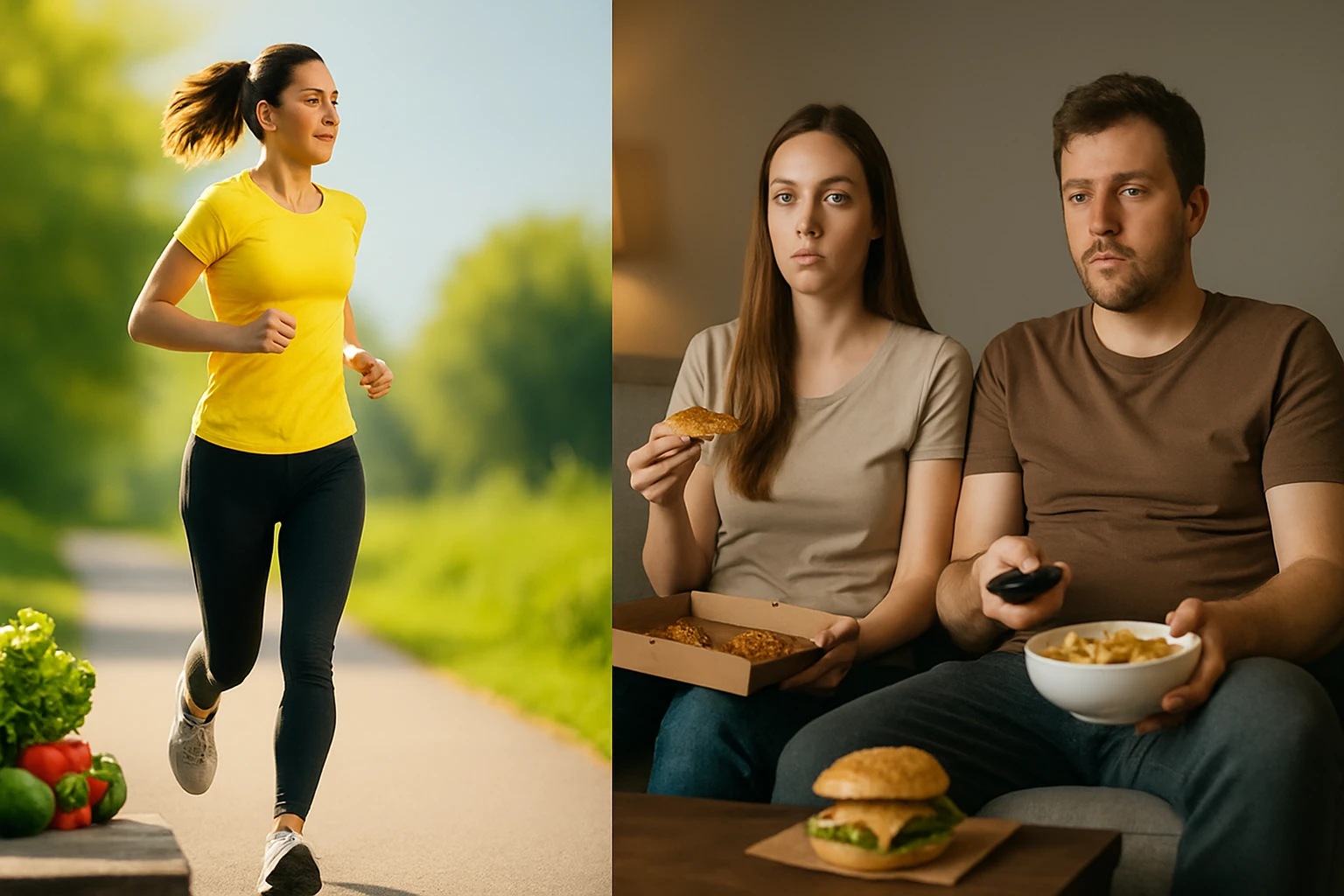 Egy nő fut a természetben, míg egy pár a kanapén ül és nassol.