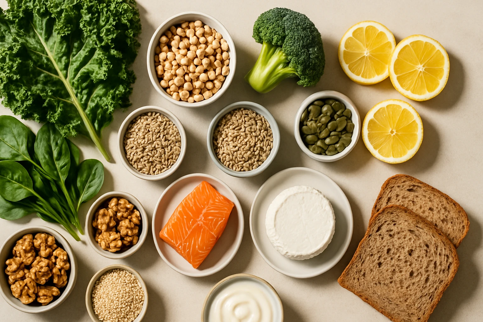 Friss zöldségek és egészséges ételek, mint a lazac és a diófélék.