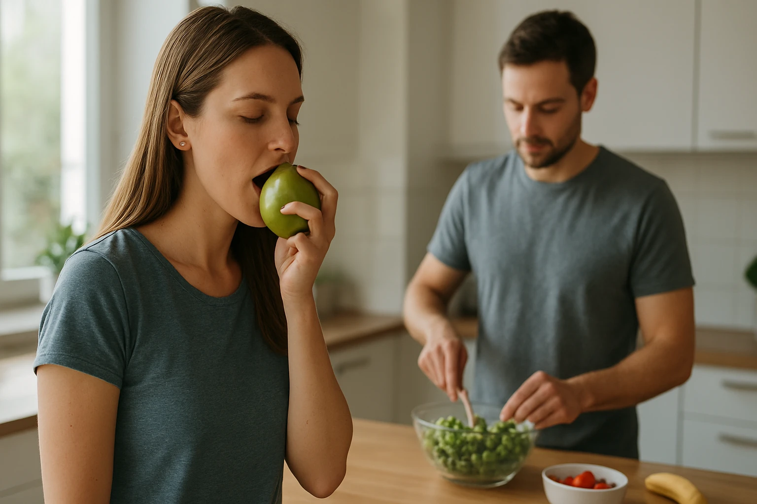 Egy nő zöld almát eszik, míg egy férfi salátát készít a konyhában.