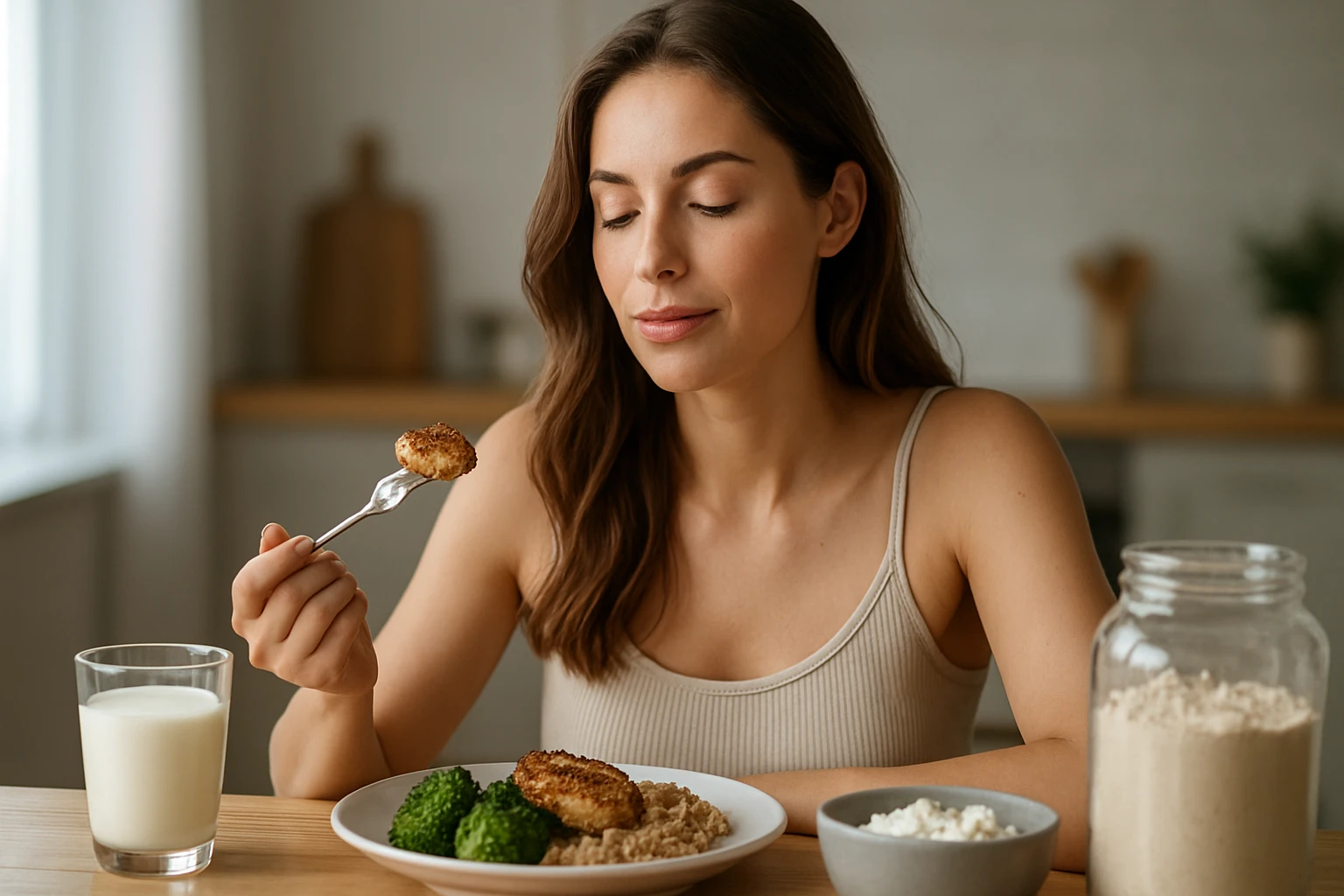 Egy fiatal nő étkezik, tányérján brokkoli és köles található.