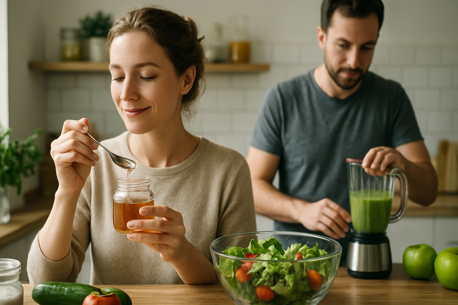 Egy nő mézet kóstol, míg a háttérben egy férfi turmixot készít.