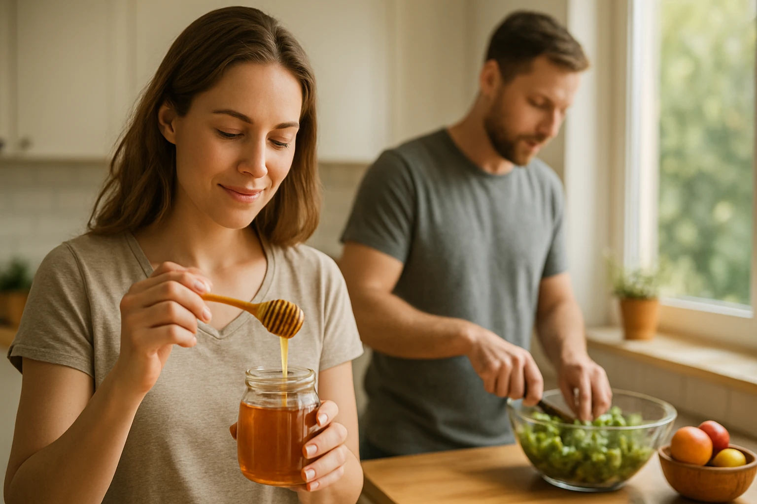 Egy nő mézet merít egy üvegből, míg egy férfi salátát készít a konyhában.