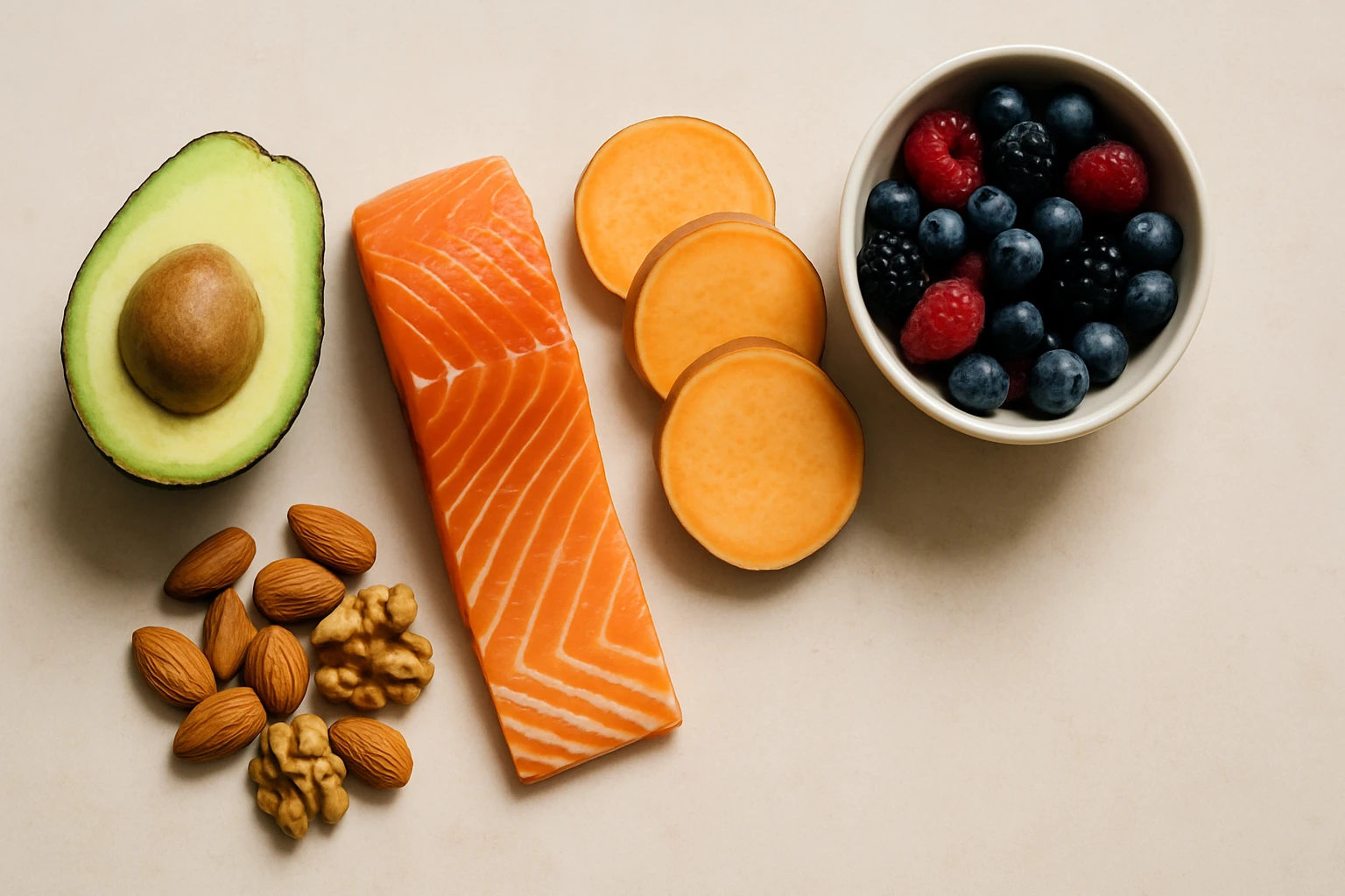 Friss avokádó, lazac, gyümölcsök és diófélék egy tányéron.