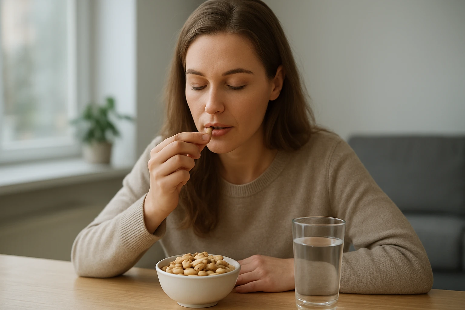 Egy nő mogyorót eszik egy tálból, miközben víz van előtte.