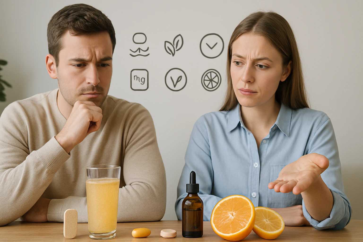 Két ember ül egy asztalnál, különböző italok és ételek előtt, gondolkodva.