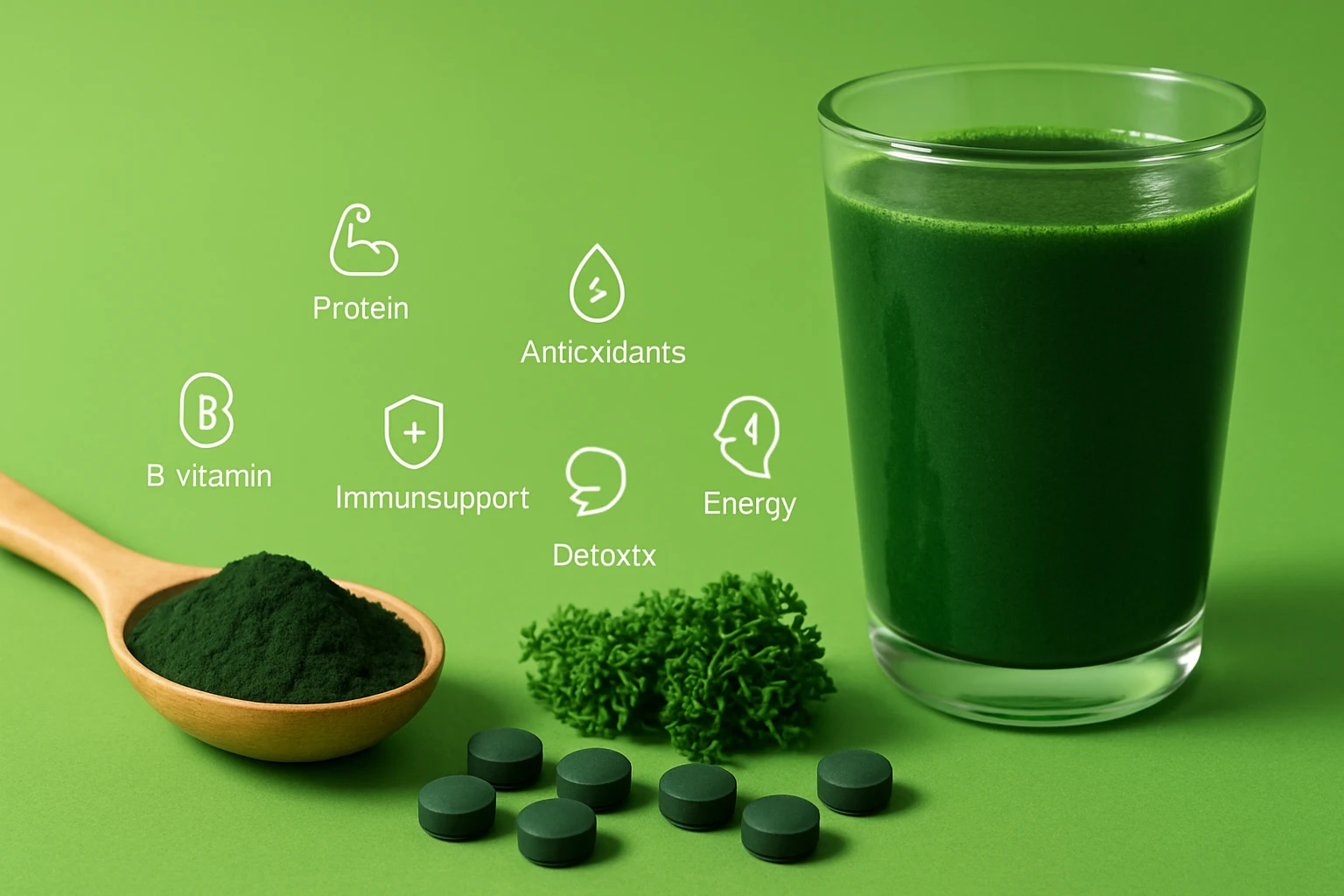 Zöld ital, spirulina por, vitaminok és tápláló tabletták egy zöld háttéren.
