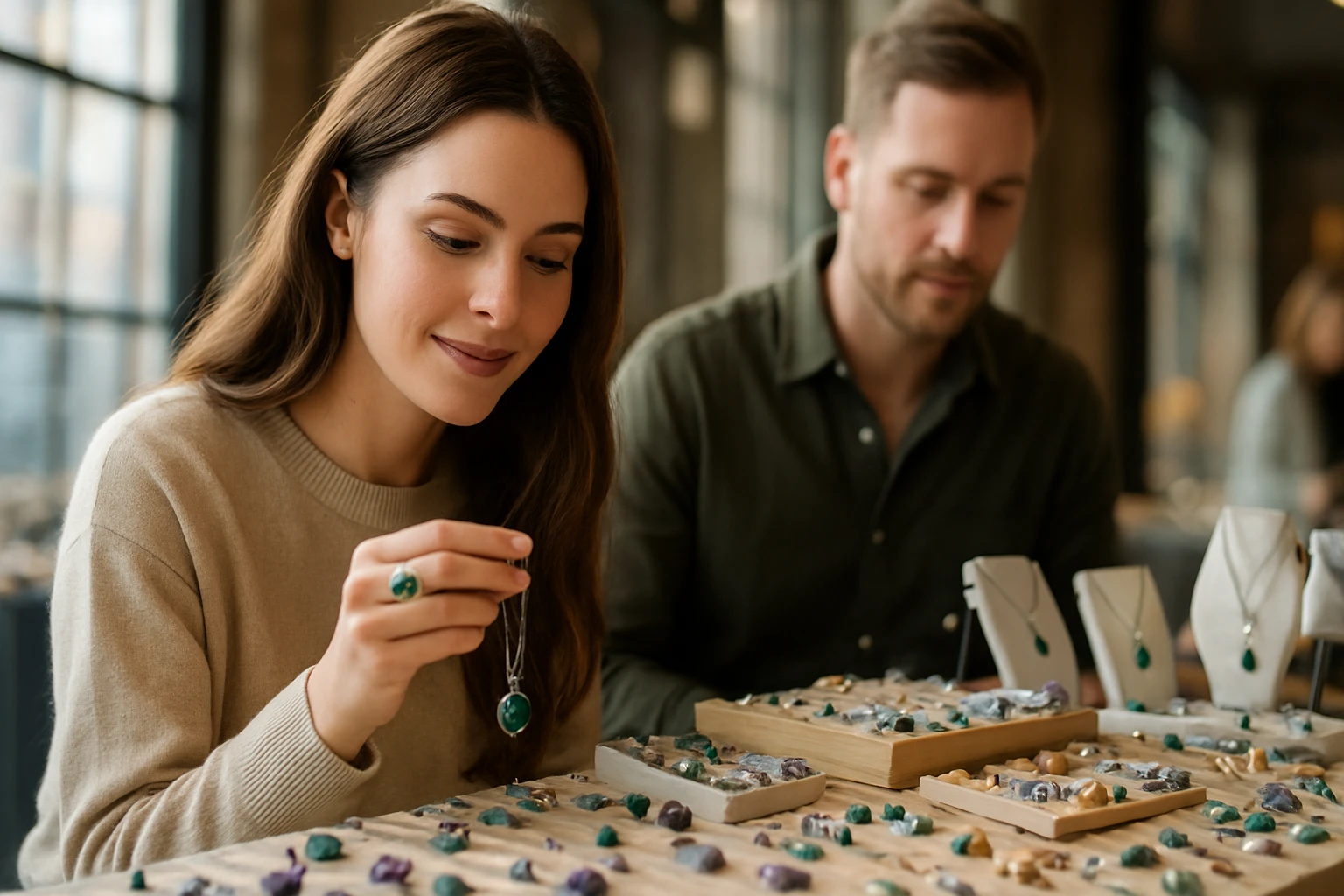 Egy nő ékszereket nézeget egy boltban, miközben egy férfi is jelen van.