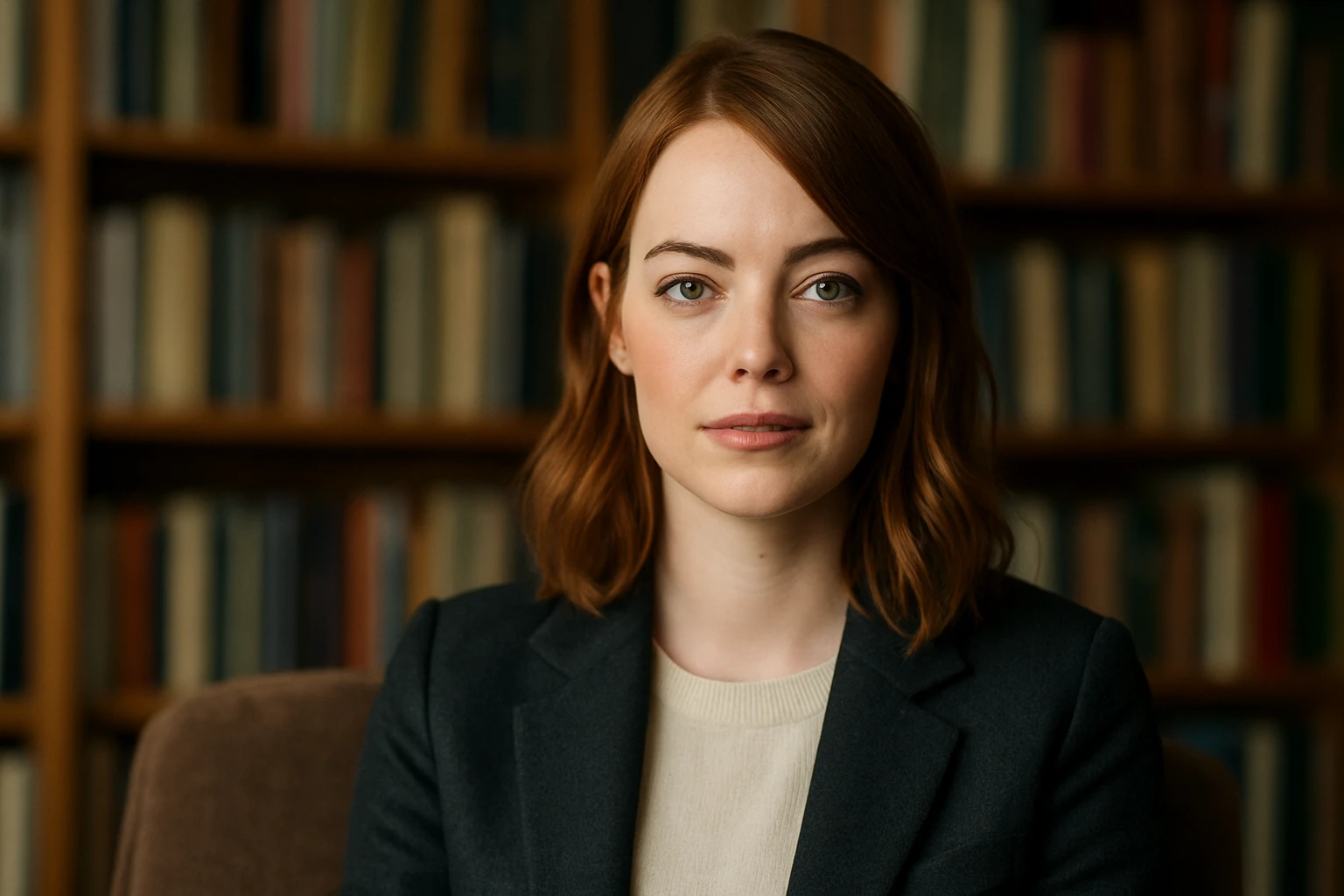 Egy fiatal nő, rövid vörös hajjal, elegáns öltönyben ül egy könyvespolc előtt.