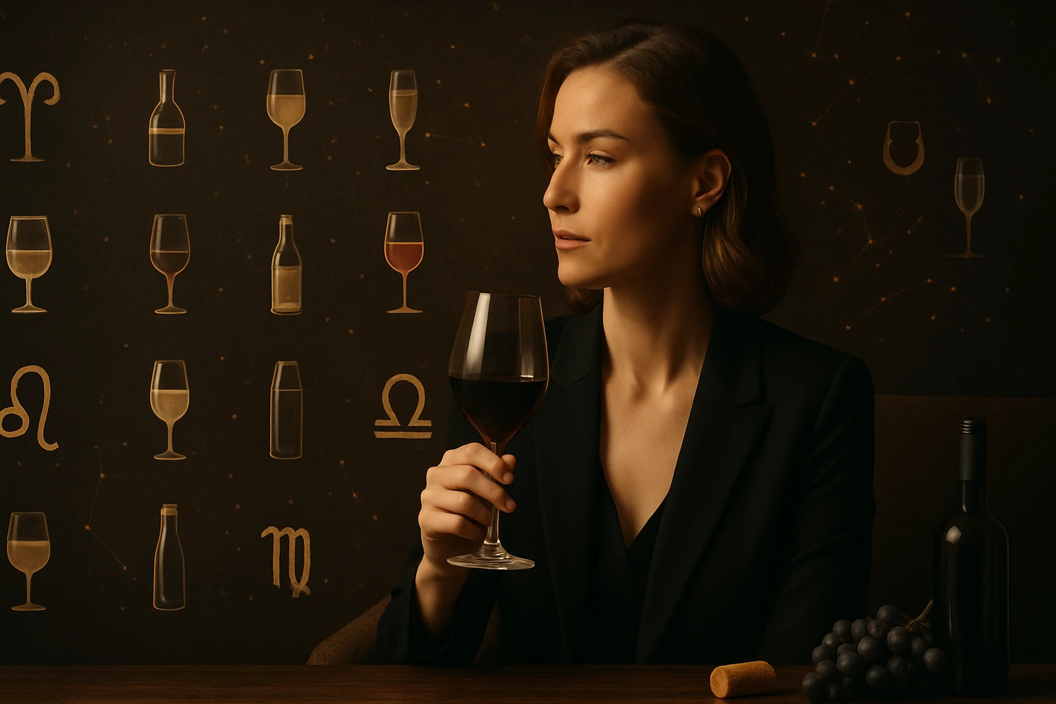 Egy nő vörösbort kortyolgat, háttérben borosüvegek és poharak.