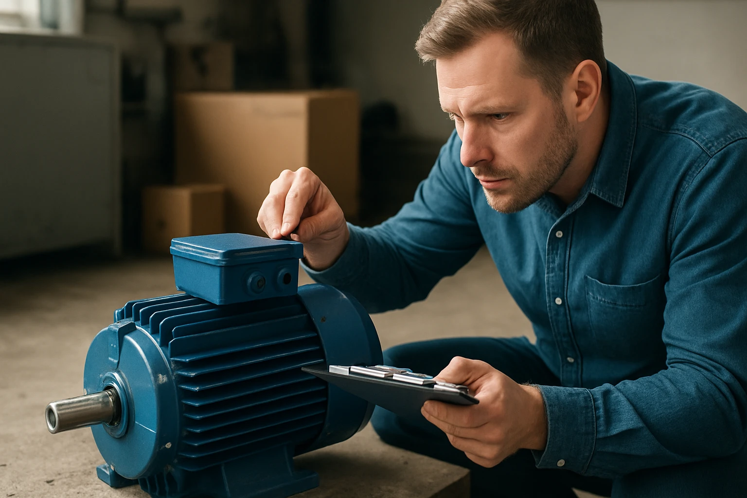 Egy férfi egy kék elektromos motorral dolgozik, figyelmesen ellenőrzi a részleteit.