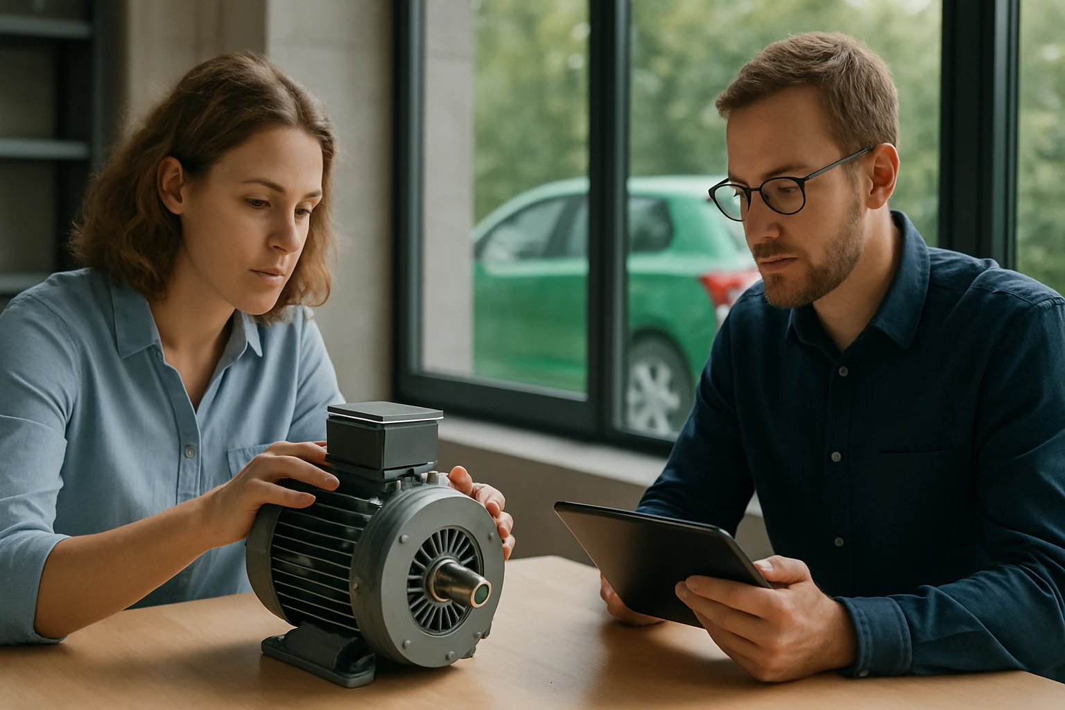 Két ember egy elektromos motorral foglalkozik egy asztalnál.