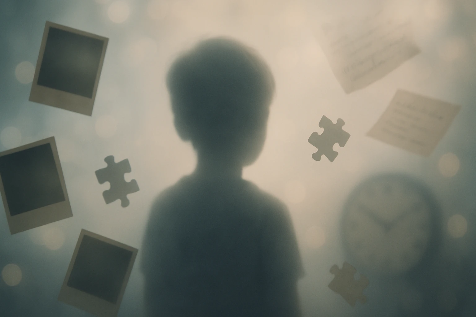 Egy gyerek siluettje látható, körülötte régi fényképek és puzzle darabok lebegnek.
