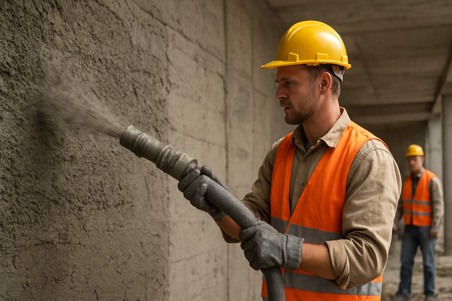 Két munkás, akik vakolatot fújnak egy építkezésen, védősisakban és munkaruhában.