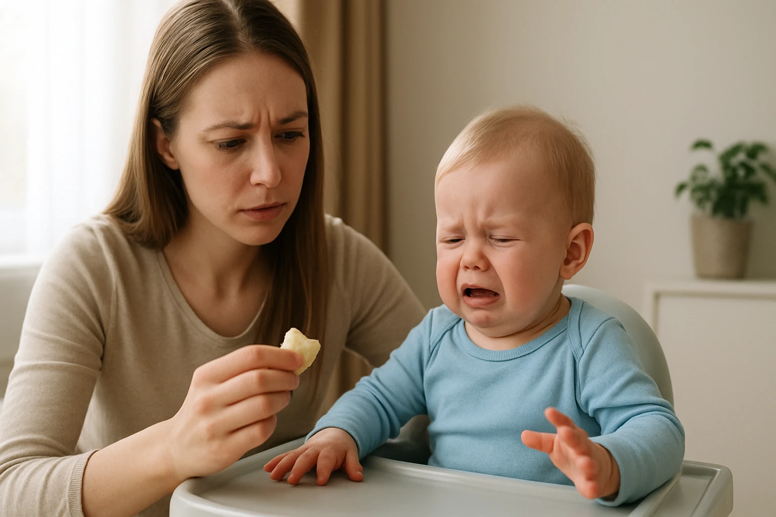 Egy anya próbál etetni egy síró kisgyermeket, aki nem akarja megenni az ételt.