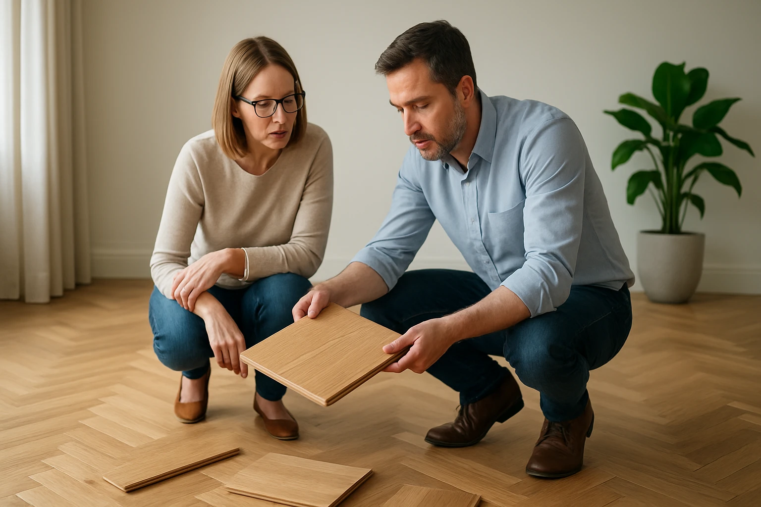Két ember, egy férfi és egy nő, fa padlóburkolatot néznek a földön.