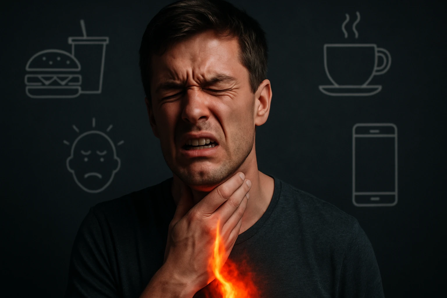 Egy férfi fájdalmas arckifejezéssel fogja a torkát, láthatóan szenved.