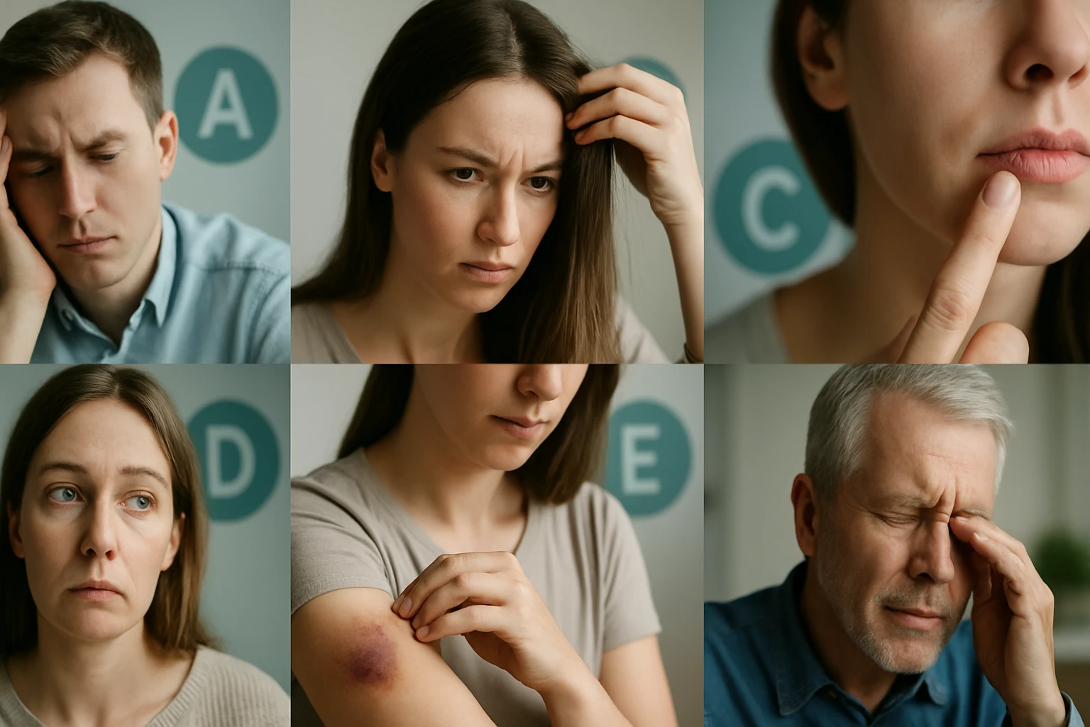 Különböző emberek arckifejezései, akik fájdalmat és aggodalmat mutatnak.