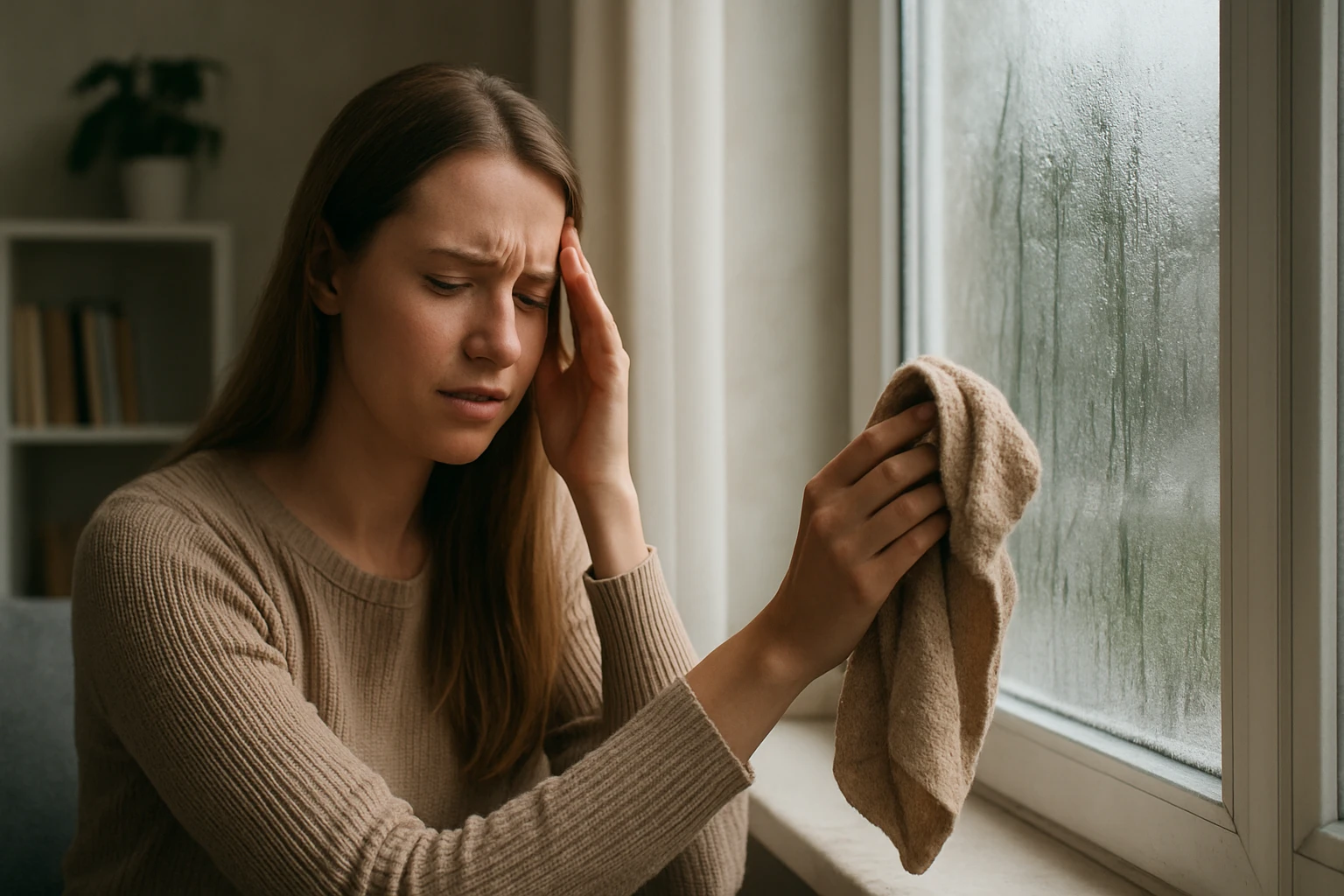Egy fiatal nő fájdalmas arckifejezéssel néz ki az ablakon, miközben törölgeti a párás üveget.