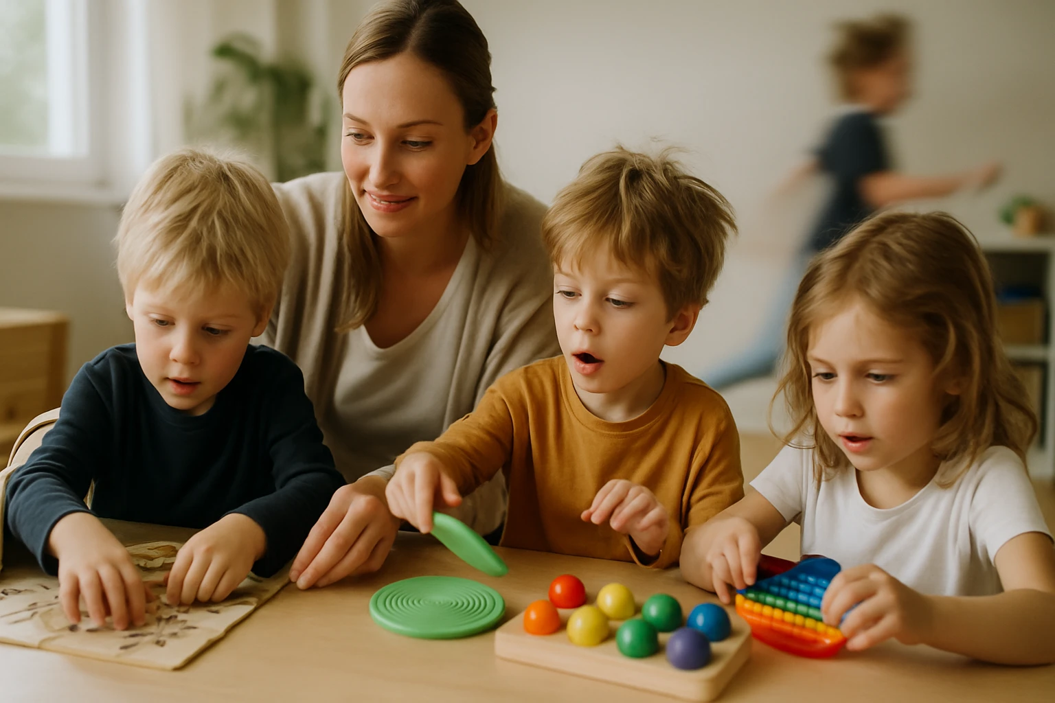 Egy nő és három kisgyermek játszik különböző fejlesztő játékokkal egy asztalnál.