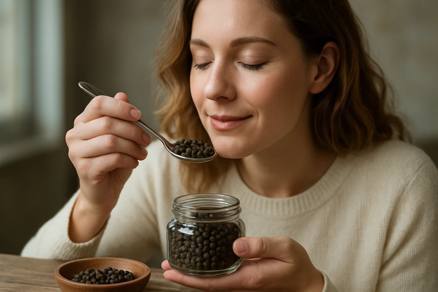 Egy nő egy kanál fekete bogyót szagol, miközben egy üvegben tartja azokat.