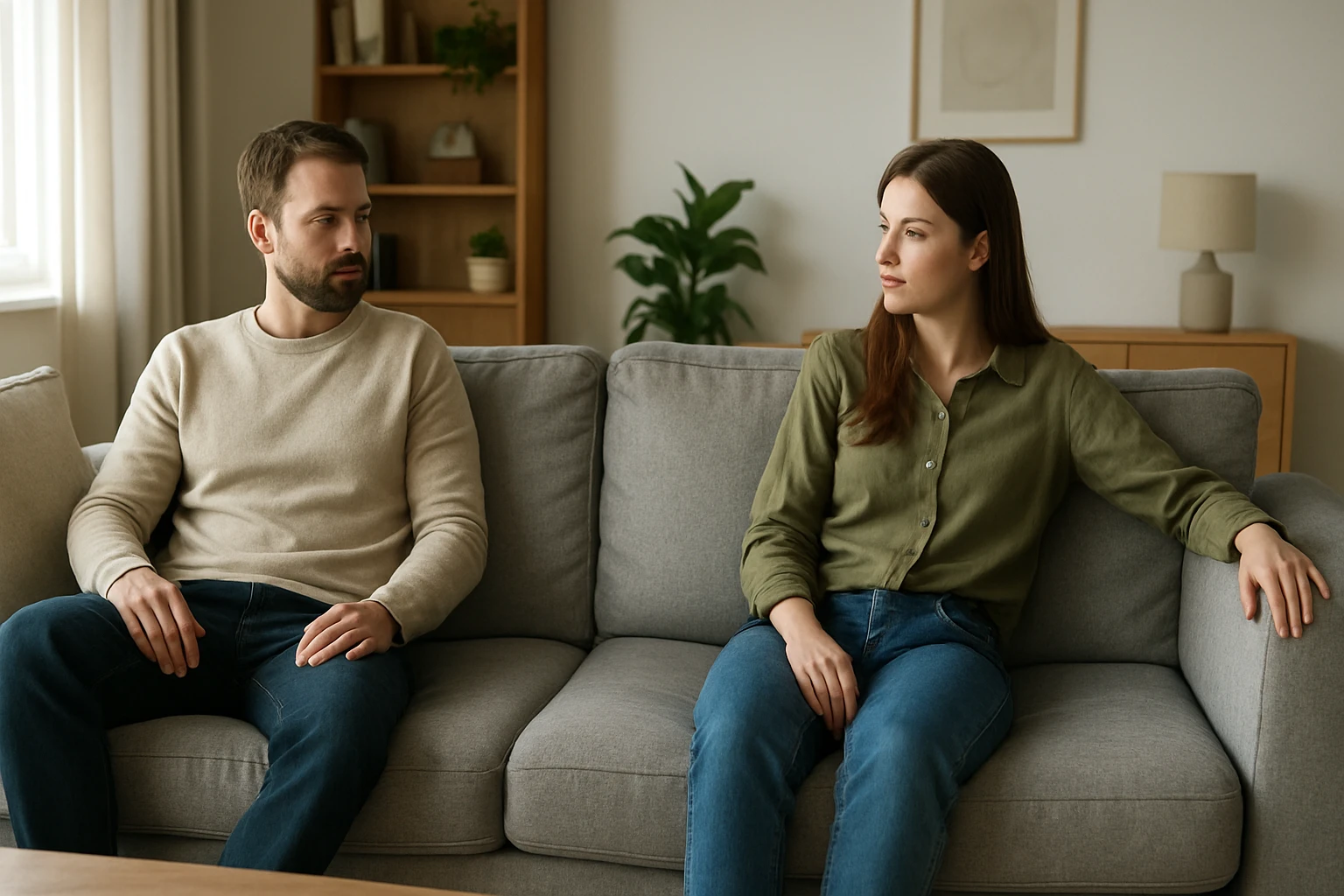 Egy férfi és egy nő ül egy szürke kanapén, feszülten néznek egymásra.