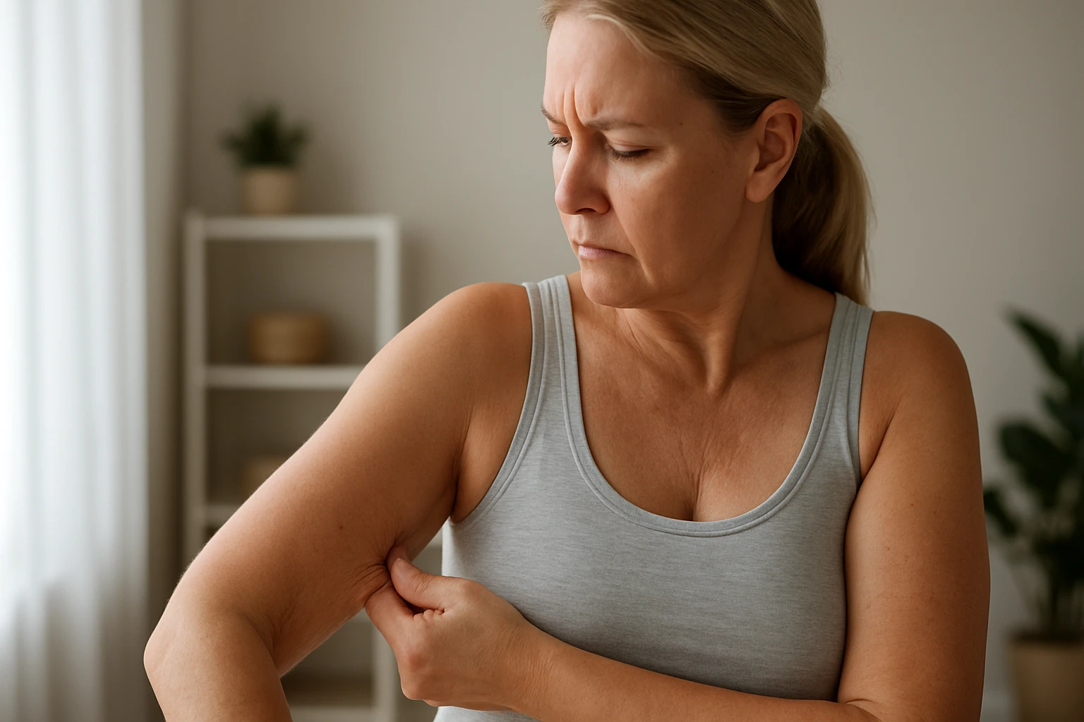 Egy középkorú nő figyelmesen nézi az alkarját, miközben megfogja azt.