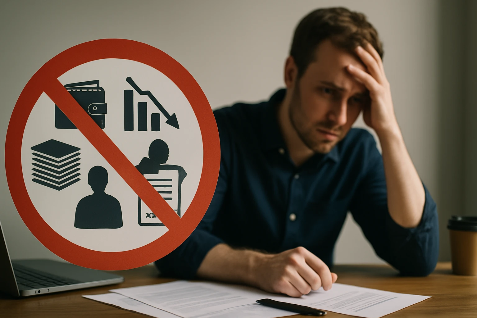 Egy férfi aggódva néz egy asztalon lévő papírt, mellette figyelmeztető tábla.