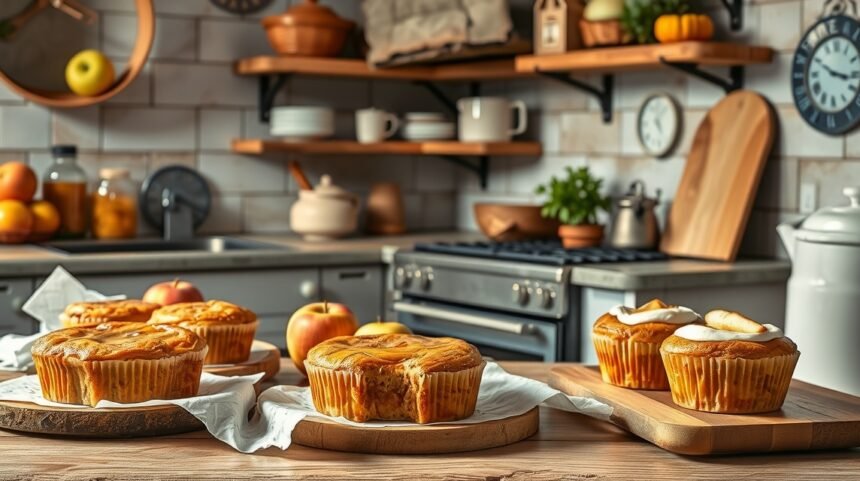 Finom almás sütemények friss almával a konyhában