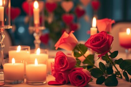 Gyertyák és rózsák romantikus Valentin-napi dekoráció