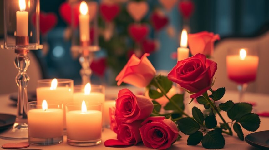 Gyertyák és rózsák romantikus Valentin-napi dekoráció