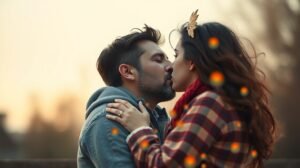 Pár a naplementében csókolózik, szerelem és intimitás.