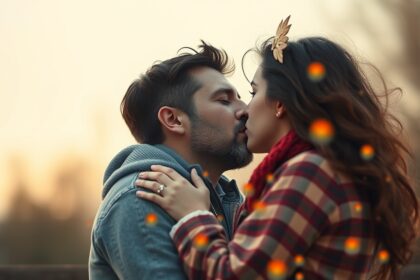 Pár a naplementében csókolózik, szerelem és intimitás.