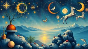 Asztrológiai ábrázolás a csillagjegyek világával.