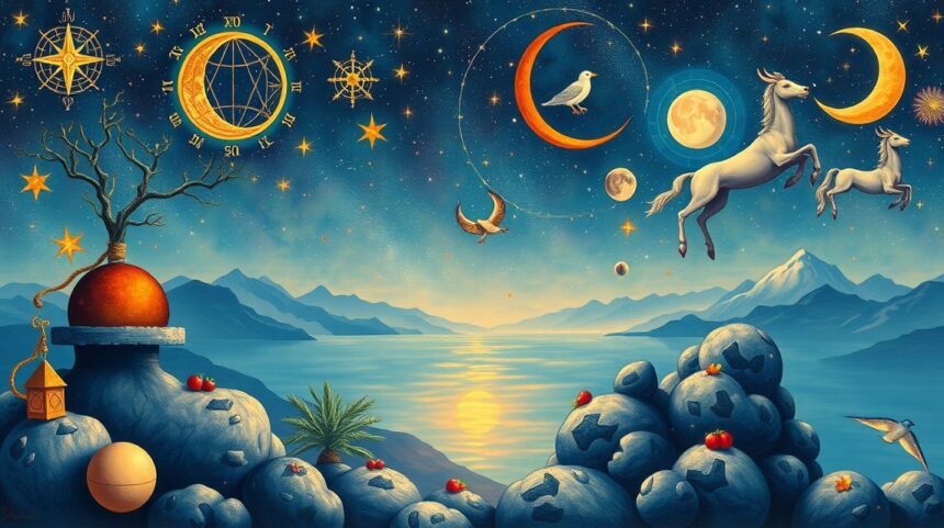 Asztrológiai ábrázolás a csillagjegyek világával.