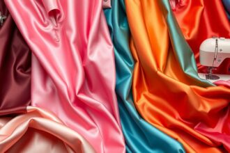 Szatén anyagok különböző színekben és egy varrógép