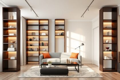 Modern térelválasztó polcok egy otthoni nappaliban, stílusosan berendezve.