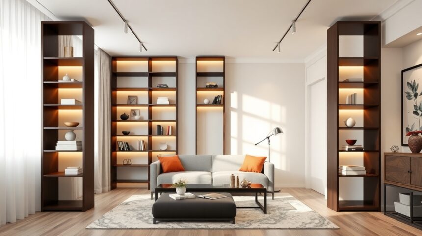 Modern térelválasztó polcok egy otthoni nappaliban, stílusosan berendezve.