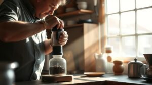 Kávédarálás otthon: férfi őröl kávébabot a konyhában.