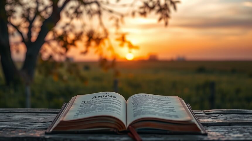 Nyitott könyv Anna név jelentésével naplementében