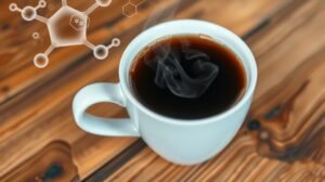 Gőzölgő csésze kávé a fából készült asztalon